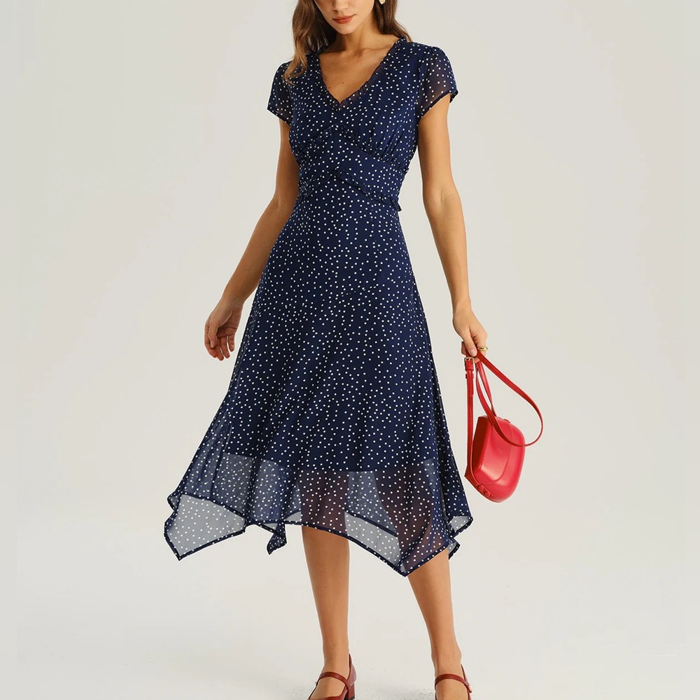 Rihoas Navy Polka Dot Cap Sleeve Midi Dress - Picture 3 of 6